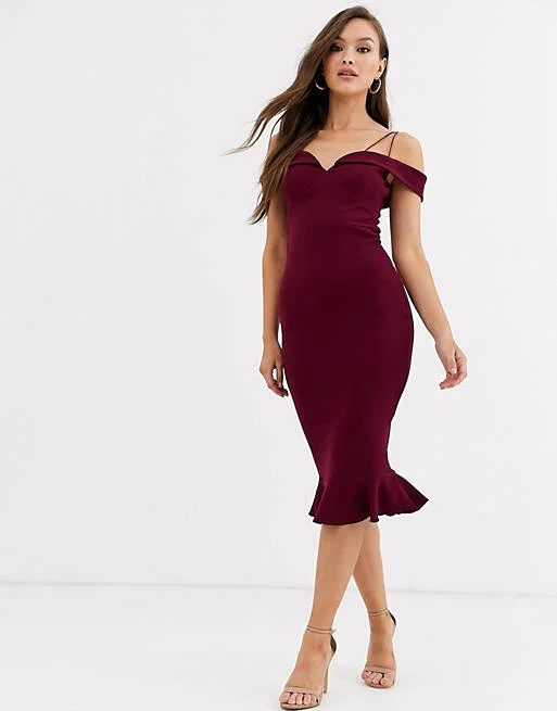 Strappy Bardot Midi Dress Burgundy A-line Midi Skirt