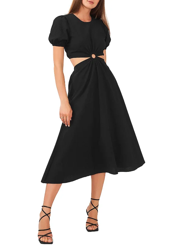 Womens Puff Sleeve Long Midi Dress Flared Midi Skirt