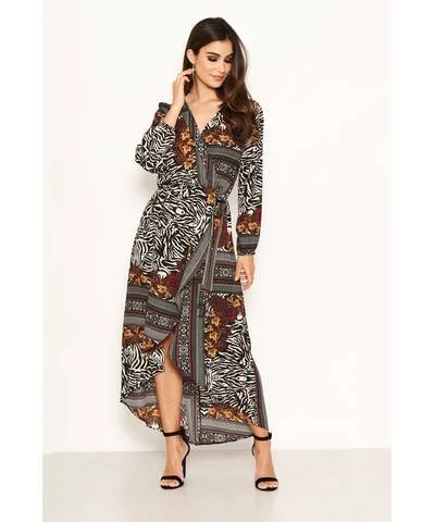 Zebra Mixed Print Wrap Midi Dress Winter Midi Outfit