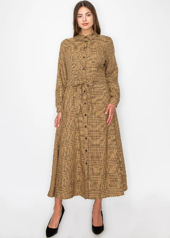 Camel Plaid Shirt Dress with Belt Elegant Shirt Dress