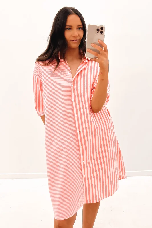 Lennox Shirt Dress Coral Stripe Long Sleeve Shirt Dress