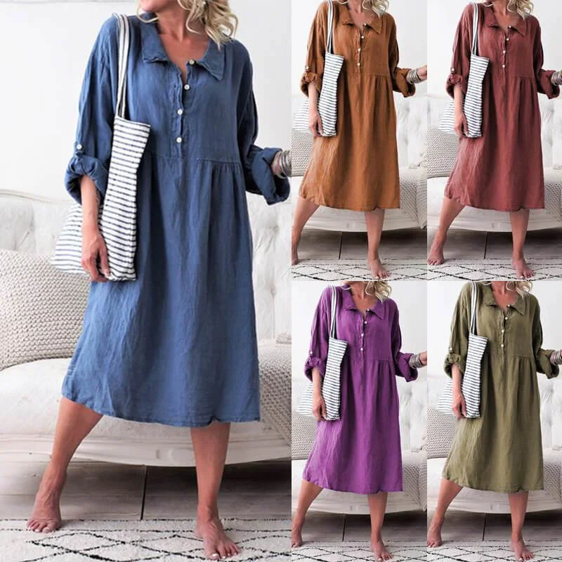 Loose Half Button Long Shirt Dress Relaxed Shirt Gown