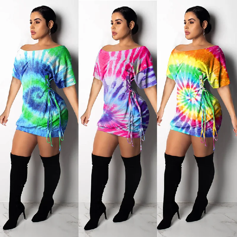 Multicolor Lace Up T Shirt Short Dress Shirt Dress Casual