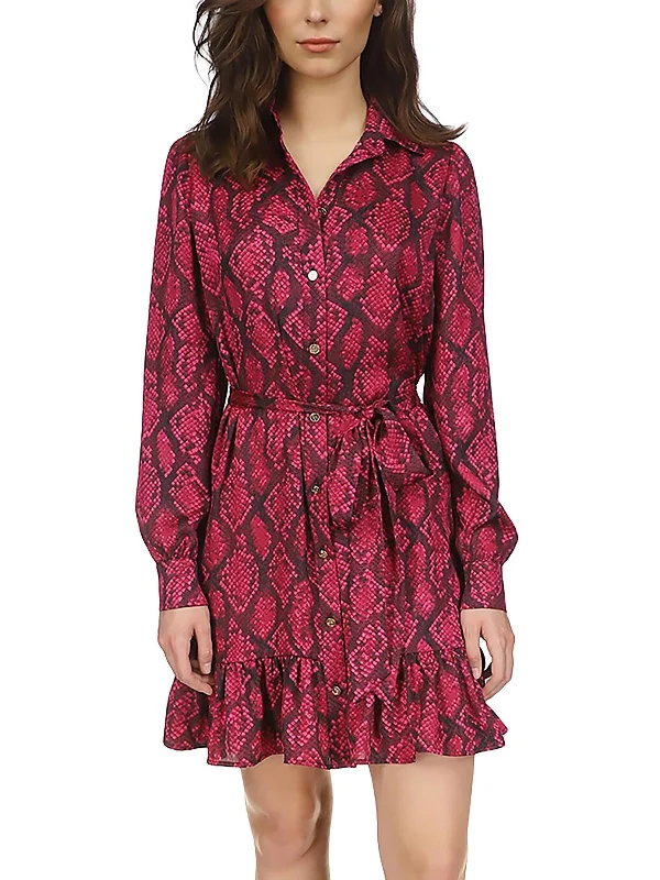 Womens Snake Print Tie Waist Shirtdress Cute Shirt Dress