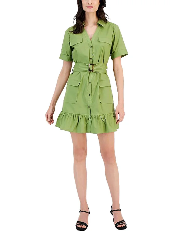 Womens Woven Ruffled Shirtdress Long Shirt Dress