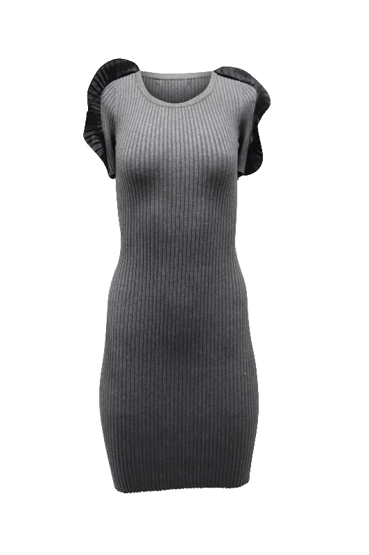 Opening Ceremony Ruffle Sleeve Bodycon Dress in Grey Viscose Bodycon Midi Dress