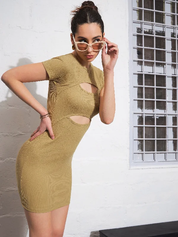 Women Khaki Rib Front Cut Out Bodycon Dress Off-shoulder Bodycon