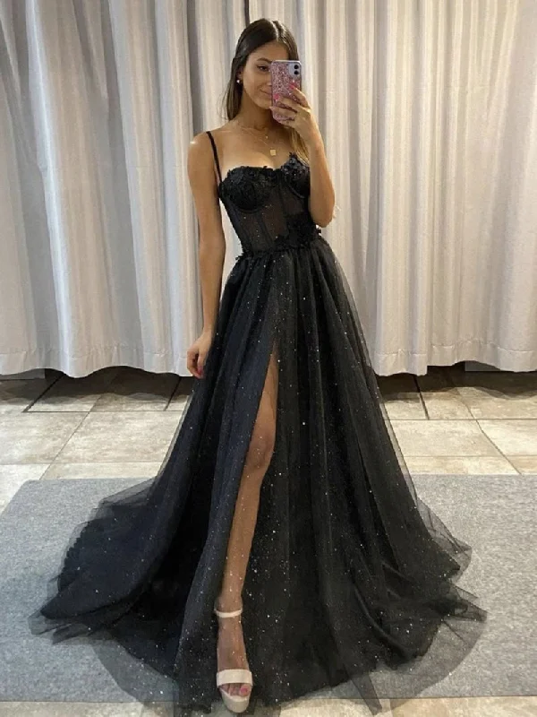 BLACK SWEETHEART NECK TULLE LACE LONG PROM DRESS, BLACK EVENING DRESS,F04751 Tulle Dress Formal