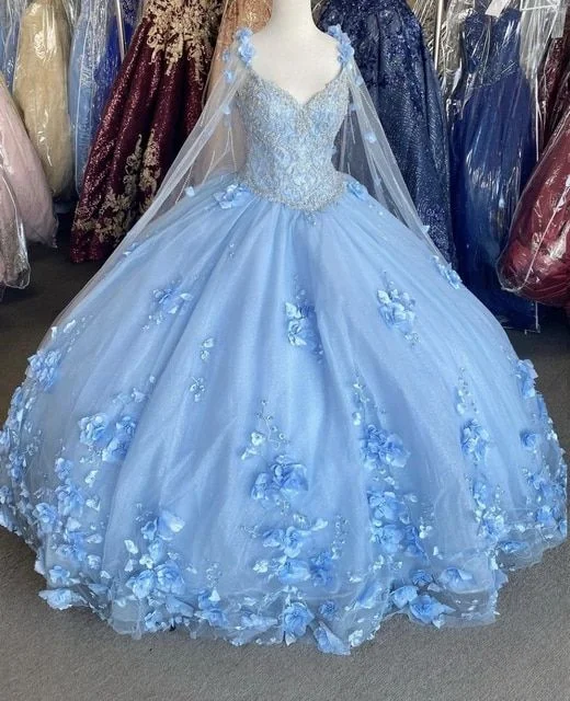 Blue flowers tulle ball gown , chic prom dress,DS4384 Bohemian Tulle Dress