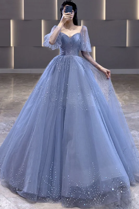 Blue Tulle Beaded Long A Line Prom Dress Formal Evening Dress Ball Gown Y7627 Tulle Evening Dress