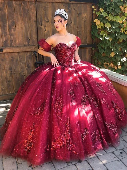 Burgundy off shoulder tulle lace long prom dress sweet 16 dress,DS4603 Tulle Dress Perfect