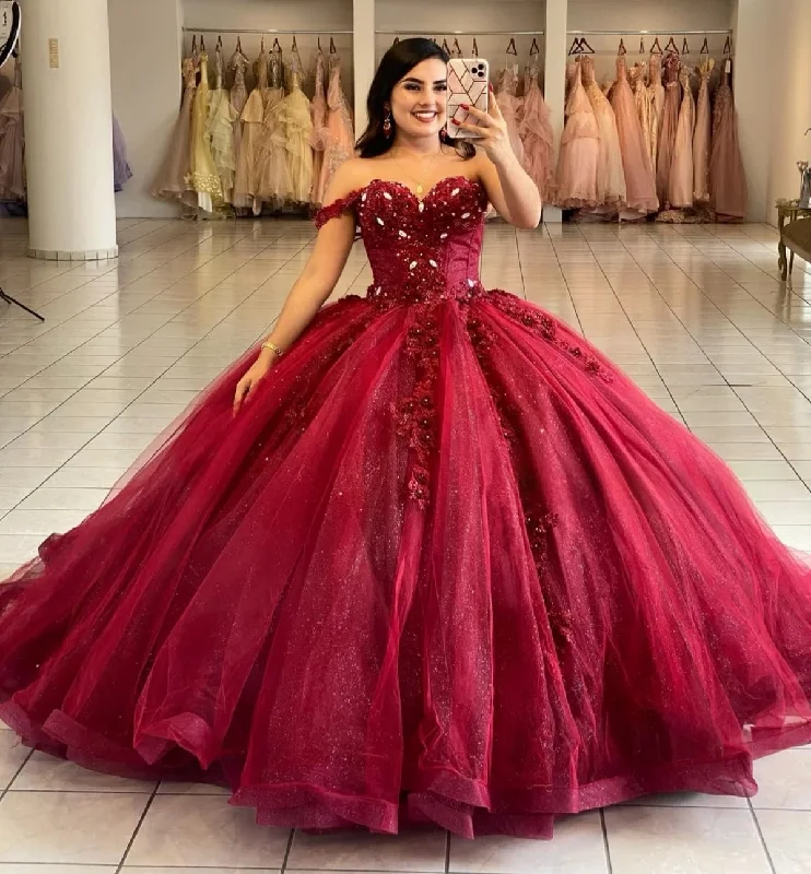 Burgundy Princess Quinceanera Dresses Ball Gown Sweetheart Tulle Appliques Sweet 16 Dresses 15 Años Custom Tulle Dress Design