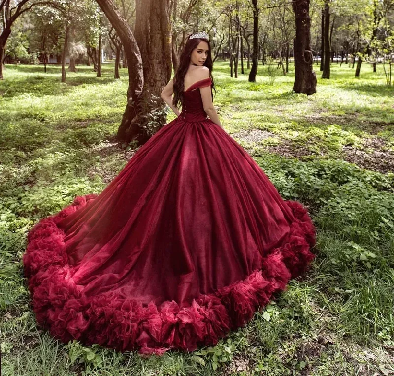 Burgundy Quinceanera Dresses Ball Gown Off The Shoulder Tulle Ruffled Sweet 16 Dresses 15 Años Mexican Tulle Dress Ruffles