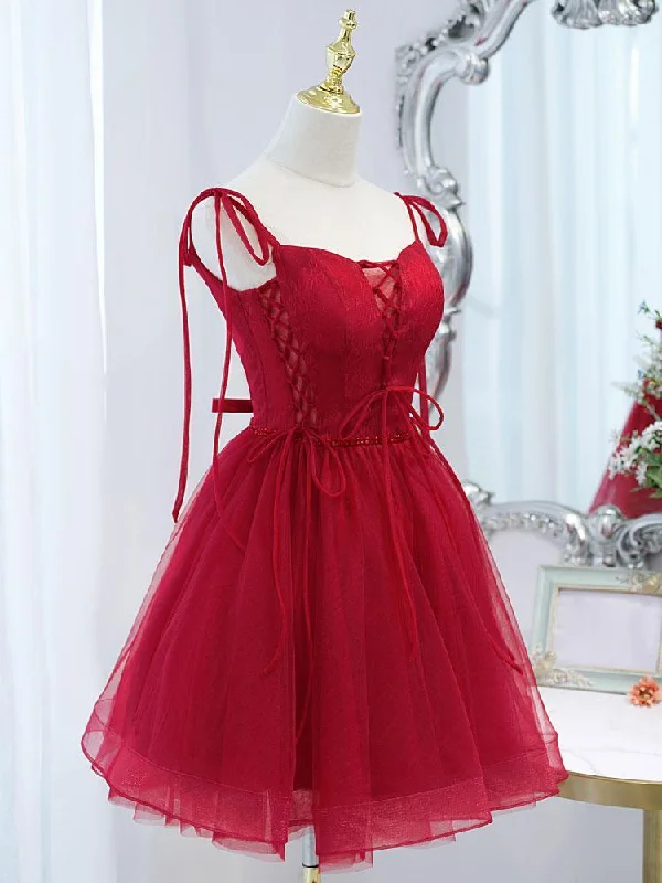 Burgundy tulle lace short prom dress, burgundy homecoming dress Tulle Dress Occasion