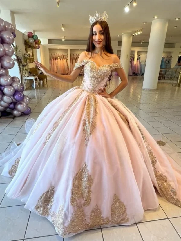 Champagne Princess Quinceanera Dresses Ball Gown Off The Shoulder Tulle Appliques Sweet 16 Dresses 15 Años Mexican Soft Layered Tulle