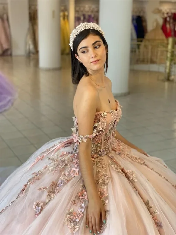 Champagne Princess Quinceanera Dresses Ball Gown Sweetheart Tulle Appliques Sweet 16 Dresses 15 Años Custom Tulle Dress Flow