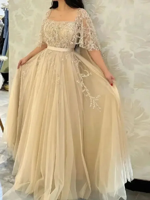 Champagne Tulle Appliques Lace Saudi Arabia Square Collar Prom Dresses Short Sleeves A-Line Formal Evening Gowns For Women Tulle Evening Dress