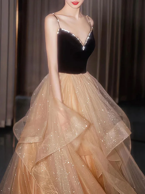 CHAMPAGNE V NECK TULLE LONG PROM DRESS, CHAMPAGNE FORMAL GRADUATION DRESS,F04836 Tulle Dress Trendy