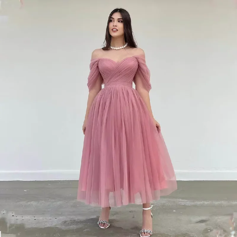 Dusty Pink Off The Shoulder Pleat Sweethart Tulle A Line Prom Dresses Custom Made Formal Bridal Grown 2024 Homecoming Wear Tulle Lace Dress