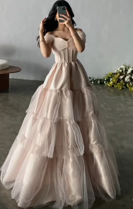 Elegant Tulle Satin Ball Gown Off The Shoulder Layered Prom Dress Y7633 Pretty Tulle Dress