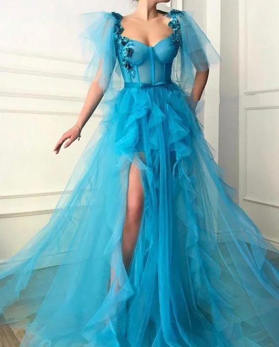 Flowers Ruffles Tulle High Slit Dubai Saudi Arabic Long Evening Gowns Prom Dress,DS4344 Tulle Dress Set