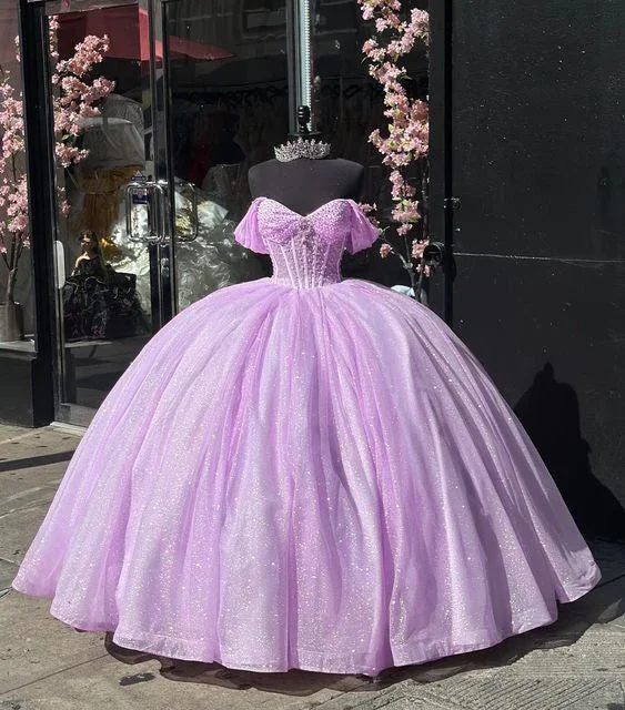 Glitter Off The Shoulder Lilac Tulle Beaded Ball Gown Quinceanera Dress  Y7463 Boho Tulle Dress