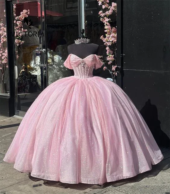 Glitter Off The Shoulder Pink Tulle Beaded Ball Gown Quinceanera Dress  Y7462 Stylish Tulle Dress