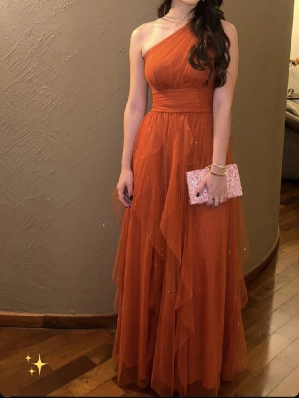 Glitter Orange Tulle Evening Dress One Shoulder Prom Dress Y7602 Tulle Dress Glam