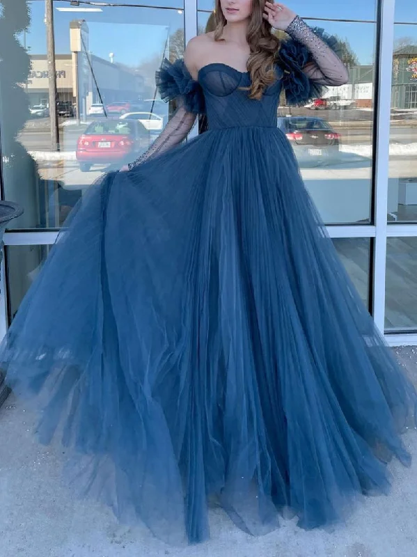 GRAY BLUE TULLE LONG PROM DRESS, BLUE LONG SLEEVES EVENING DRESS,F04759 Tulle Dress Fashion