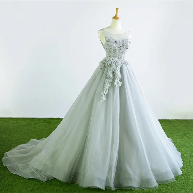 Gray Tulle Court Train Formal Long Prom Dress With Flowers.DS3040 Tulle Dress Trend