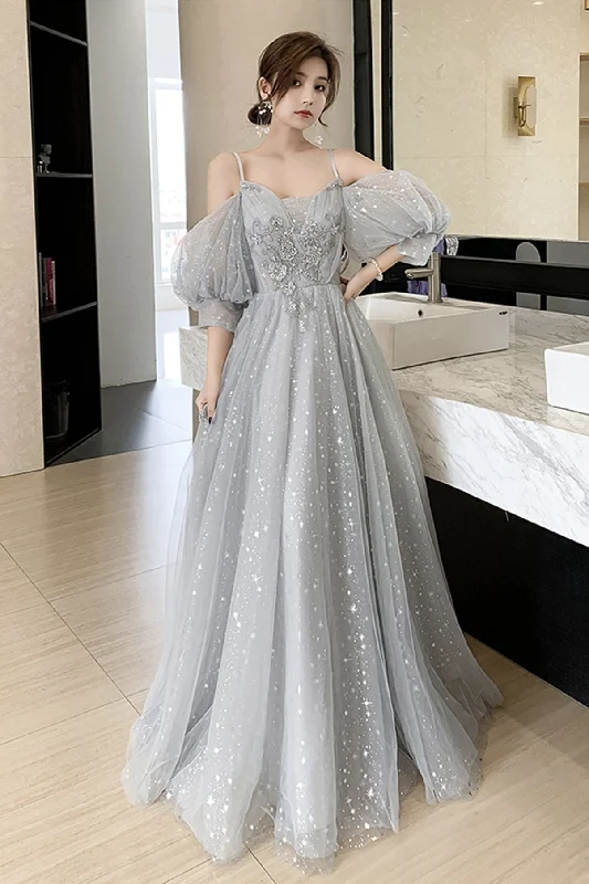 Grey tulle lace long prom dress,DS3031 Black Tulle Dress