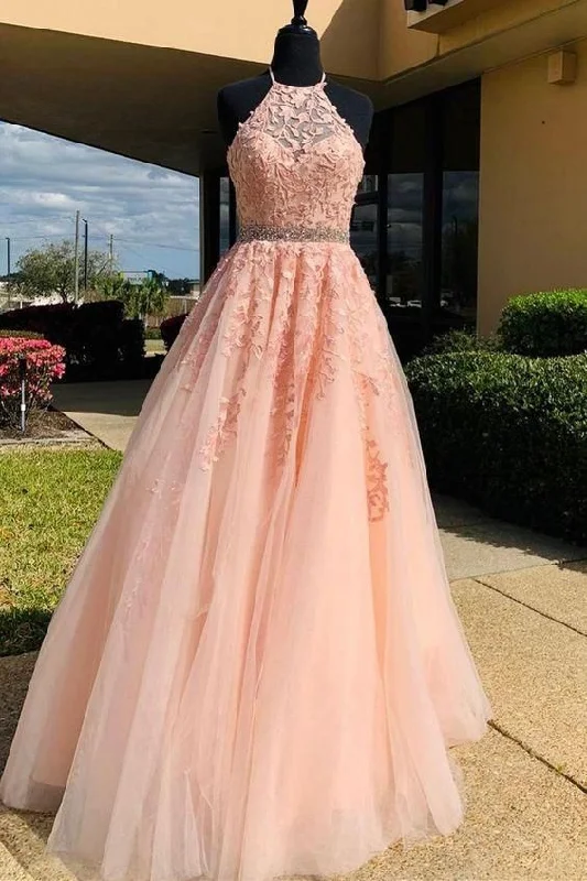 halter A-line pink tulle and lace appliques long prom dress,DS4084 Tulle A-line Dress