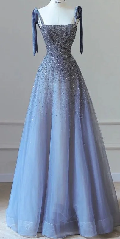 Luxurious Spaghetti-Strap Tulle Beaded A-Line Prom Dress Blue Sparkly Evening Dress Ball Gown Y7628 Elegant Tulle Dress