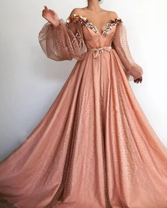 pink off the shoulder v-neck long sleeves prom dress,lace tulle beading full length school event dress,DS4212 Blue Tulle Dress