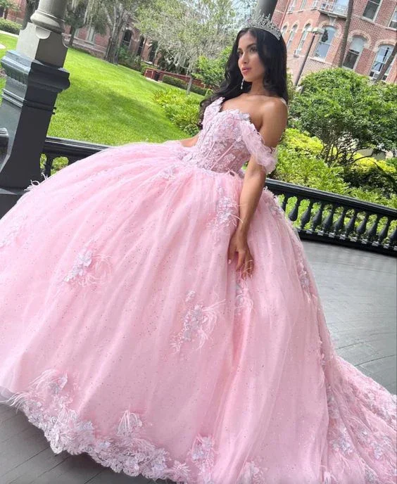 Pink Tulle Sweet 16 Ball Gown Appliques Prom Dress Quinceanera Dress Y7475 Soft Tulle Dress