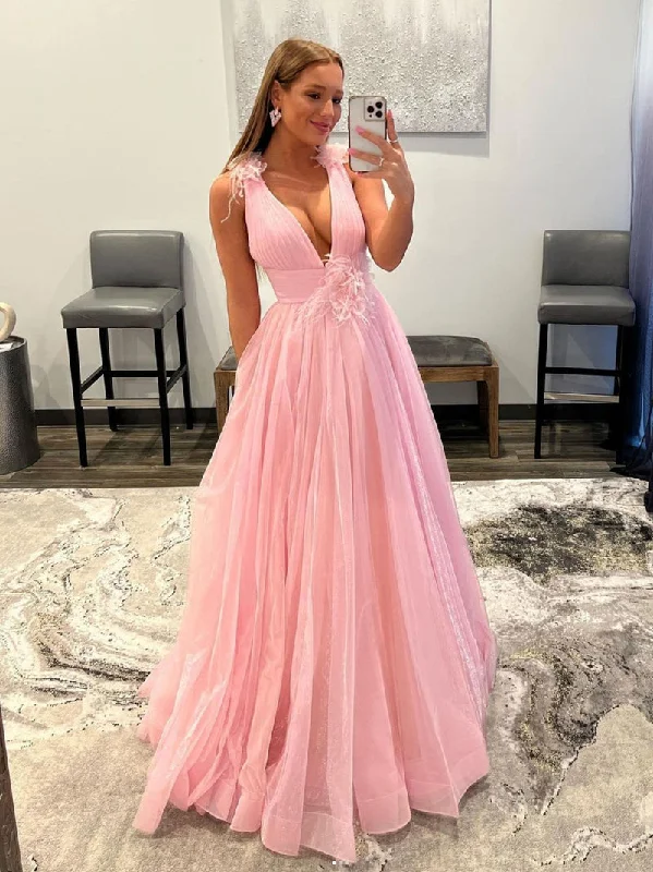 PINK V NECK TULLE LONG PROM DRESS, PINK TULLE EVENING DRESS,F04755 Tulle Dress Dream