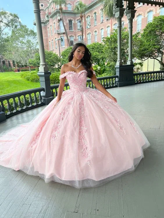 Pretty Pink Tulle Appliques Prom Dress Quinceanera Dress Brithday Ball Gown  Y7476 Romantic Tulle Dress