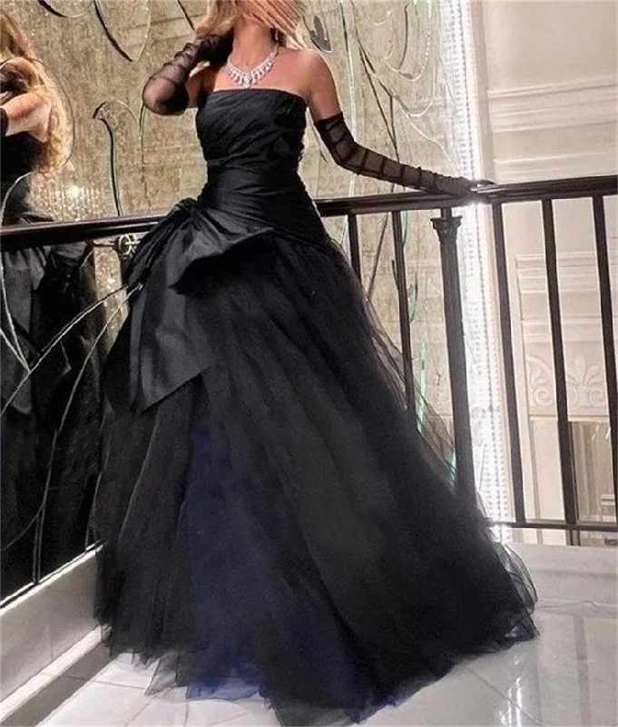 Sexy Strapless Puffy Tulle Prom Dress Black Evening Dress With Gloves Y7631 Tulle Party Gown