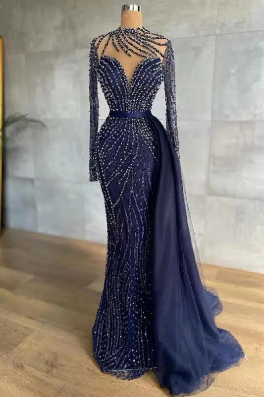 Stylish High Neck Navy Mermaid Evening Dress with Detachable Tulle Train Crystals Beads Long Prom Dress,F04833 Elegant Tulle Dress