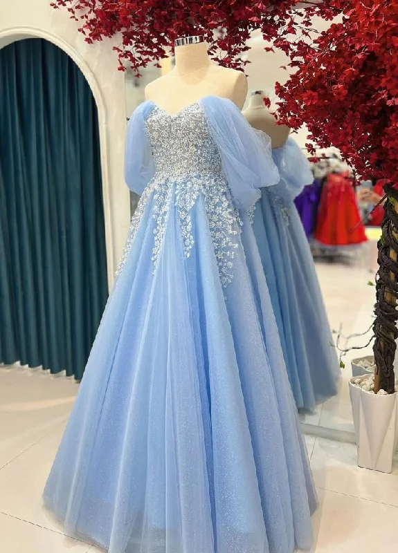 Women's Elegant Baby Blue Tulle Prom Dress, Off-the-shoulder floor length Dress Y7450 Tulle Dress Look